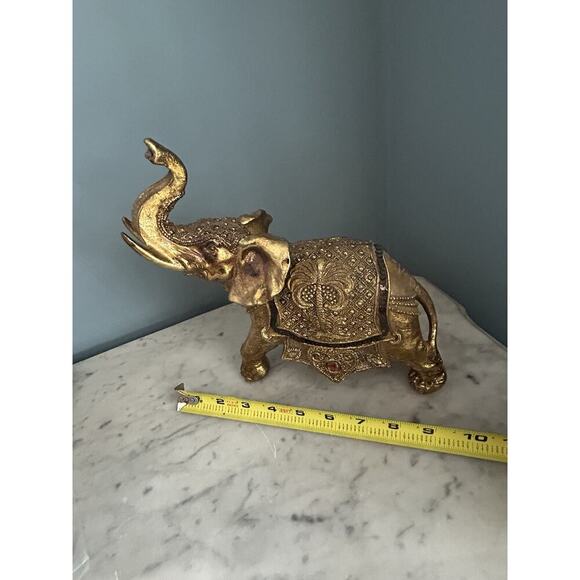 Vintage Elephant Feng Shui Trunk Up 9” Figurine Gold Statue Home Decor Sequins - Picture 9 of 15